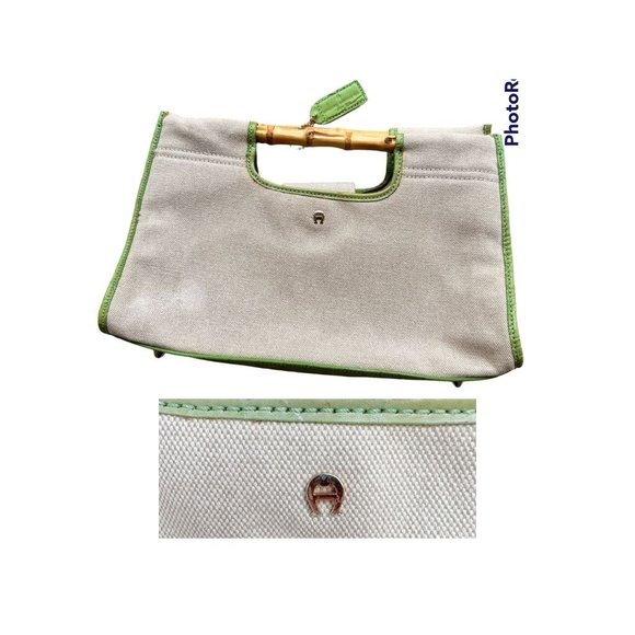 Vintage Etienne Aigner Canvas Leather Handbag Bamboo Handles Snap Closur… - Picture 2 of 12
